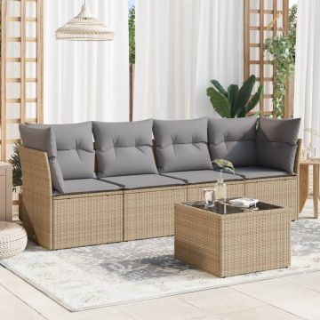 Set Divano da Giardino 5 pz con Cuscini Beige in Polyrattan