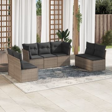 Salotto modulare in polyrattan grigio, 7 pezzi con cuscini