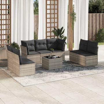 Salotto da giardino 8 pz in rattan PE grigio chiaro con cuscini