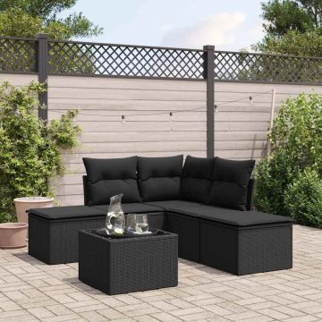 Set divani da esterno in polyrattan nero 6 pz con tavolo in vetro