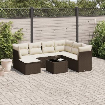 Salotto da giardino 8 pz in polyrattan marrone con cuscini crema