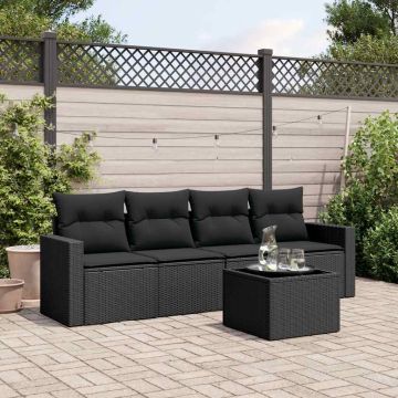 Salotto da giardino 5 pz in rattan PE nero, cuscini sfoderabili