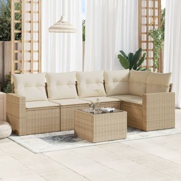 Set Divano da Giardino 6 pz con Cuscini Beige in Polyrattan