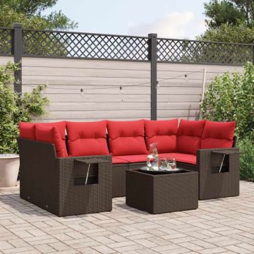 Set Divani da Giardino 7 pz con Cuscini Marrone in Polyrattan