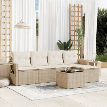 Set Divano da Giardino 6 pz con Cuscini Beige in Polyrattan