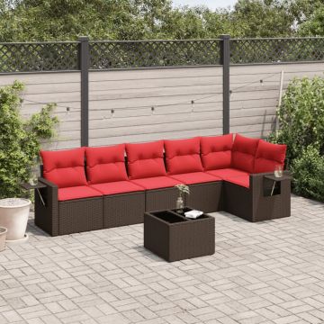 Set Divano da Giardino 7 pz in Rattan PE Marrone con Cuscini