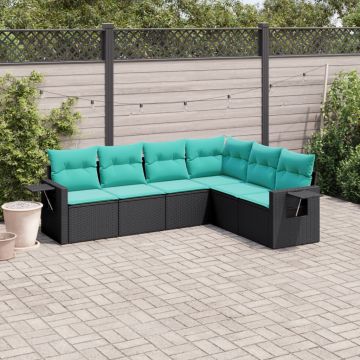 Salotto da giardino 6 pezzi in polyrattan nero con cuscini blu