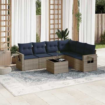 Salotto da giardino grigio in rattan PE, 7 pezzi con tavolino