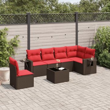 Set Divani da Giardino 7 pz con Cuscini Marrone in Polyrattan