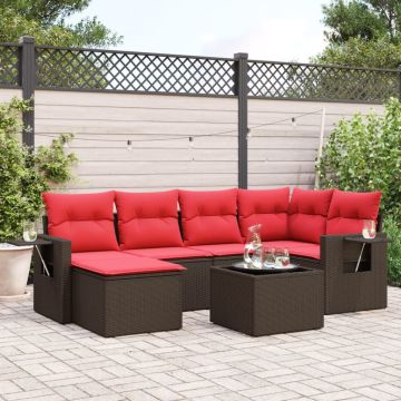 Set Divani da Giardino 7 pz con Cuscini Marrone in Polyrattan