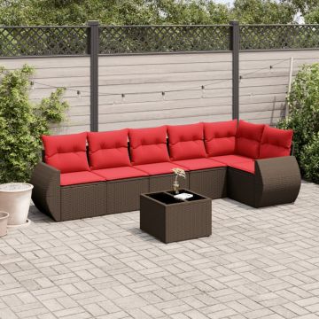 Set Divani da Giardino 7 pz con Cuscini Marrone in Polyrattan