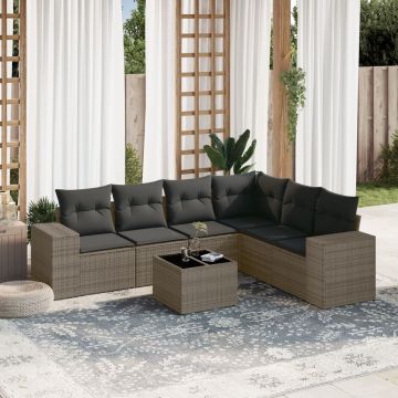 Salotto da giardino 7 pz grigio in rattan PE con tavolo in vetro