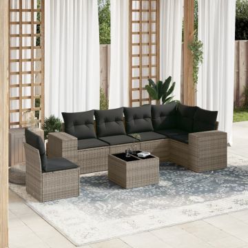 Salotto da giardino 7 pz in polyrattan PE grigio con cuscini sfoderabili