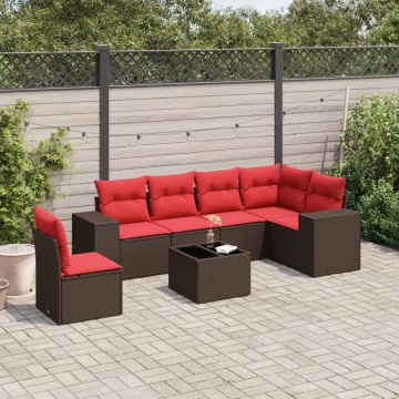 Set Divani da Giardino 7 pz con Cuscini Marrone in Polyrattan