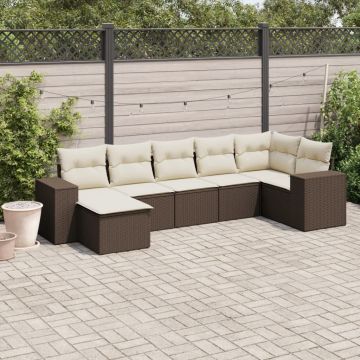 Set Divani da Giardino 7 pz con Cuscini Marrone in Polyrattan