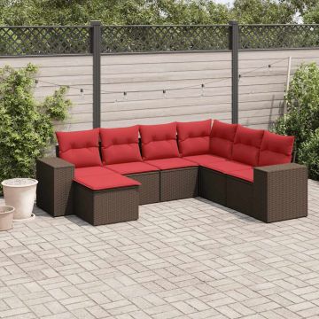 Set Divani da Giardino 7 pz con Cuscini Marrone in Polyrattan