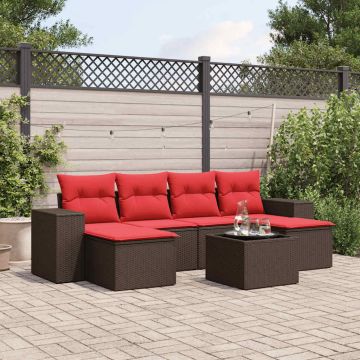 Set Divani da Giardino 7 pz con Cuscini Marrone in Polyrattan
