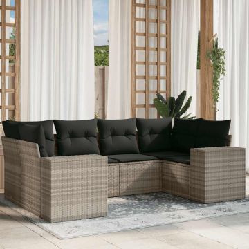 Set Divano da Giardino 6pz con Cuscini Grigio Chiaro Polyrattan