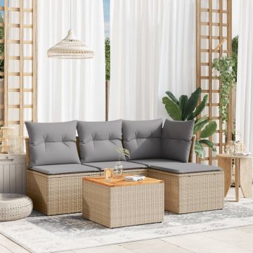 Set divano da giardino beige 5 pz in polyrattan con cuscini