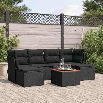 Salotto da giardino 7 pz in polyrattan nero con cuscini sfoderabili