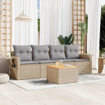 Set Divano da Giardino 5 pz con Cuscini Beige in Polyrattan