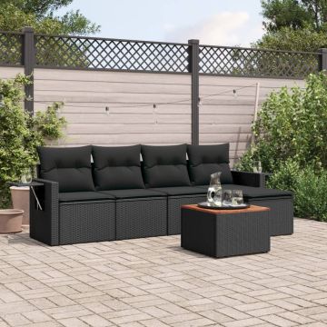 Salotto da giardino nero 6 pezzi in rattan PE, cuscini inclusi
