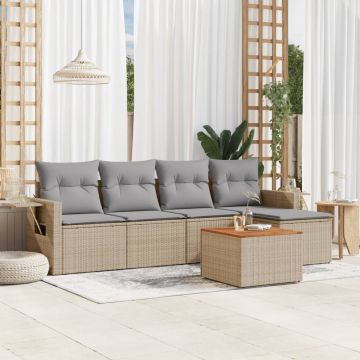 Salotto da giardino 6 pezzi in rattan PE beige e acacia