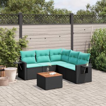Set Polyrattan Nero 6 pz con Cuscini Blu per Terrazzo