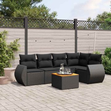 Set Divano da Giardino 6 pz con Cuscini Nero in Polyrattan