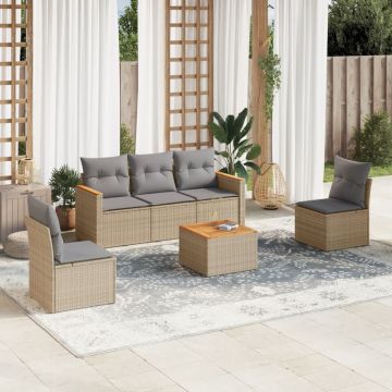 Salotto da giardino 6 pz in rattan PE beige con cuscini grigi
