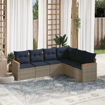 Salotto da giardino rattan PE grigio 6 pz con cuscini blu