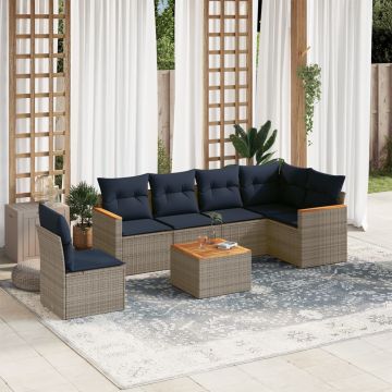 Set Salotto Polyrattan Grigio 7 Pezzi con Cuscini Blu Navy