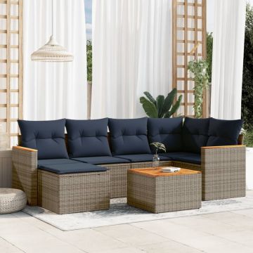 Set Giardino 7 pz Grigio Rattan PE con Cuscini Blu