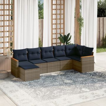 Set Salotto Giardino 7 pz Rattan PE Grigio, Cuscini Blu