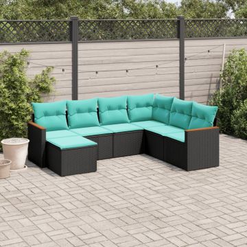 Set divani da esterno 7 pz in polyrattan nero con cuscini blu