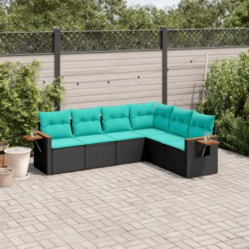 Salotto da giardino in polyrattan nero, 6 pz con cuscini blu