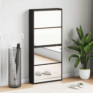 Scarpiera con Specchio a 4 Livelli Nera 63x17x134 cm