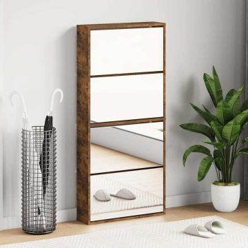Scarpiera con Specchio a 4 Livelli Rovere Fumo 63x17x134 cm