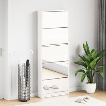 Scarpiera con Specchio a 5 Livelli Bianco Lucido 63x17x169,5 cm