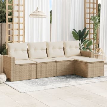 Set Divano da Giardino 5 pz con Cuscini Beige in Polyrattan