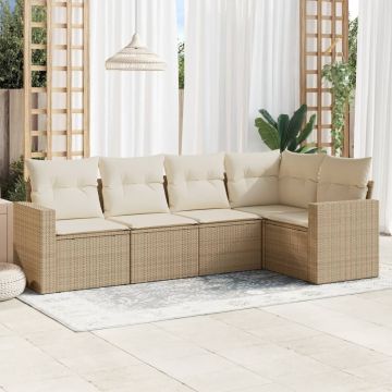 Set Divano da Giardino 5 pz con Cuscini Beige in Polyrattan