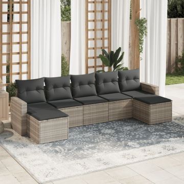 Set Divani da Giardino 7pz con Cuscini Grigio Chiaro Polyrattan