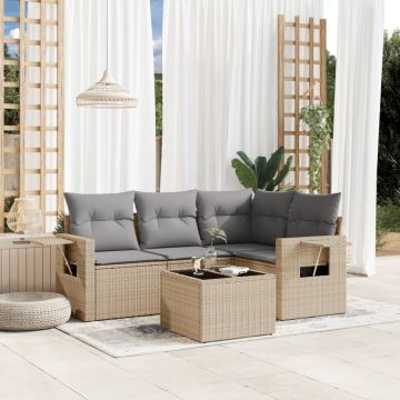 Set Divano da Giardino 5 pz con Cuscini Beige in Polyrattan