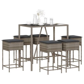 Set Bar da Giardino 7 pz con Cuscini in Polyrattan Grigio
