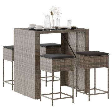 Set Bar da Giardino 5 pz con Cuscini in Polyrattan Grigio