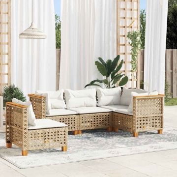 Set Divano da Giardino 5 pz con Cuscini Beige in Polyrattan