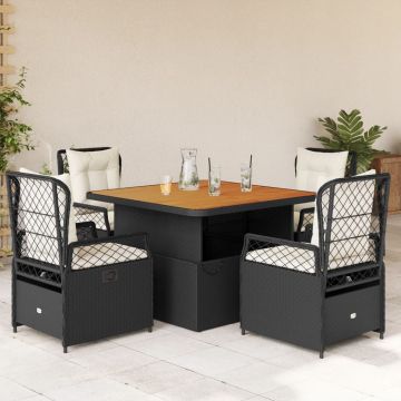 Set da Pranzo da Giardino 5 pz Nero con Cuscini in Polyrattan