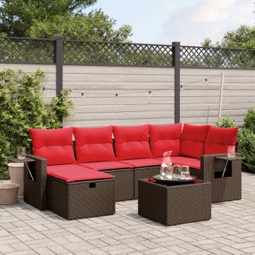 Set Divani da Giardino 7 pz con Cuscini Marrone in Polyrattan