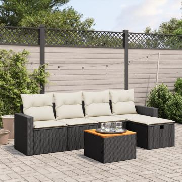 Set Divano da Giardino 6 pz con Cuscini Nero in Polyrattan