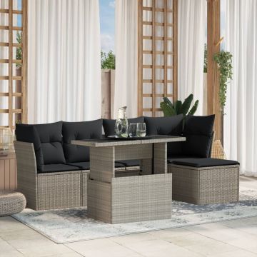 Set Divano da Giardino 6pz con Cuscini Grigio Chiaro Polyrattan